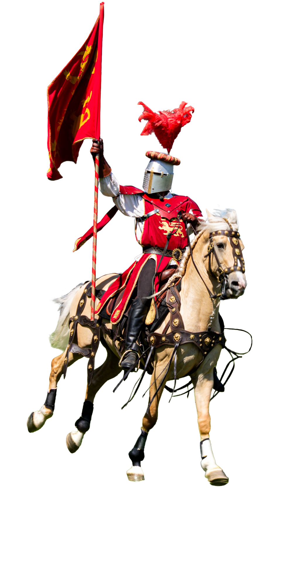 Ritter auf einem Stuntpferd mit roter Fahne
